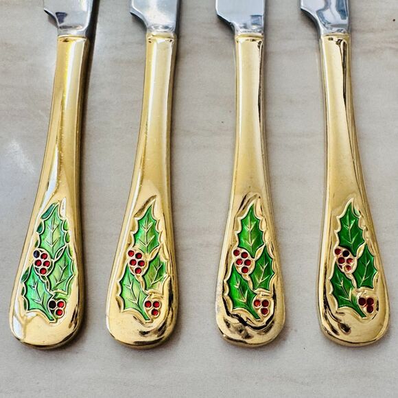 4pc CAMBRIDGE Dinner Knife 9” Gold Electroplate Holly Berry Christmas Japan - Picture 8 of 9